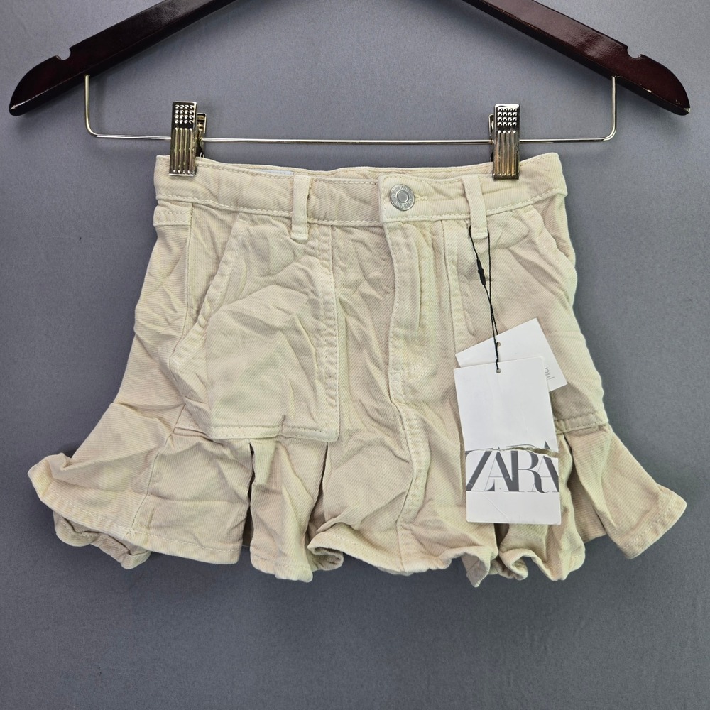 Zara Girls Ruffle Denim Skirt Size 6 Cream Off White Tiered Mini Skirt NWT